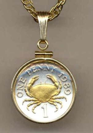 Guernsey Penny "Crab" Two Tone Gold Filled Bezel Coin Pendant with 18" Chain