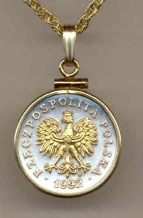 Polish 20 Groszy "Eagle" Two Tone Gold Filled Bezel Coin Pendant with 18" Chain