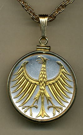 German 5 Mark "Eagle" Two Tone Gold Filled Bezel Coin Pendant with 24" Chain