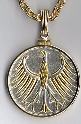 German 5 Mark Silver "Eagle" Two Tone Plain Bezel Coin with 24" Chain 