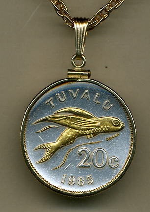 Tuvalu 20 Cent "Flying Fish" Two Tone Gold Filled Bezel Coin Pendant with 24" Chain