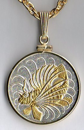 Singapore 50 Cent "Lionfish" Two Tone Plain Bezel Coin with 24" Chain