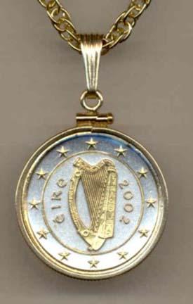 Ireland 1 Euro Two Tone Gold Filled Bezel Coin Pendant with 18" Chain