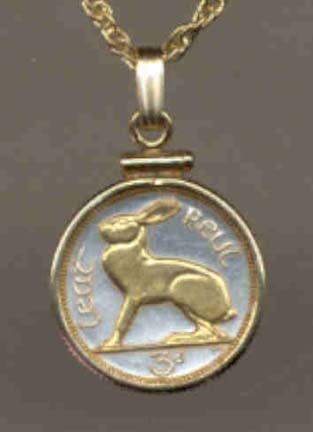 Ireland 3 Pence "Rabbit" Two Tone Bezel Gold Filled Coin Pendant and 18" Chain