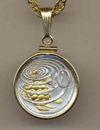 Cayman Islands 10 Cent "Turtle" Two Tone Gold Filled Bezel Coin Pendant with 18" Chain