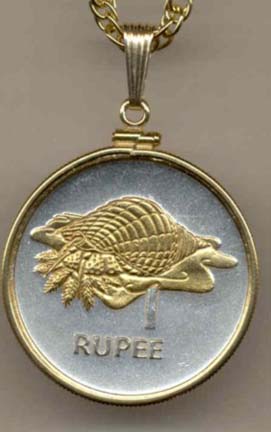 Seychelles 1 Rupee "Conch" Two Tone Gold Filled Bezel Coin Pendant with 24" Chain
