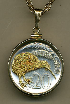 New Zealand 20 Cent "Kiwi" Two Tone Gold Filled Bezel Coin Pendant with 24" Chain