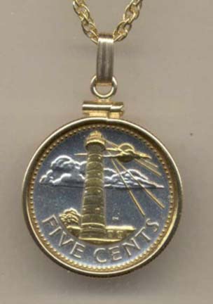 Barbados 5 Cent "Lighthouse" Two Tone Gold Filled Bezel Coin Pendant with 18" Chain
