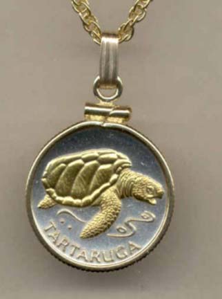Cape Verde 1 Escudos "Sea Turtle" Two Tone Gold Filled Bezel Coin Pendant with 18" Chain