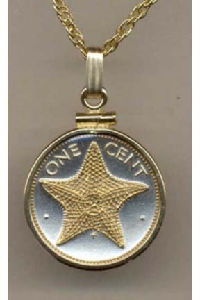 Bahamas 1 Cent "Star Fish" Two Tone Coin Pendant with 18" Chain