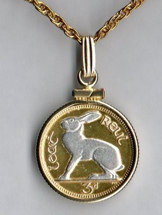 Ireland 3 Pence "White Rabbit" Two Tone Plain Bezel Coin with 18" Chain