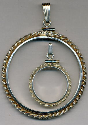 Rope Style Simulated Sterling Silver Coin Necklace Bezel / Pendant (Silver Dollar Size)