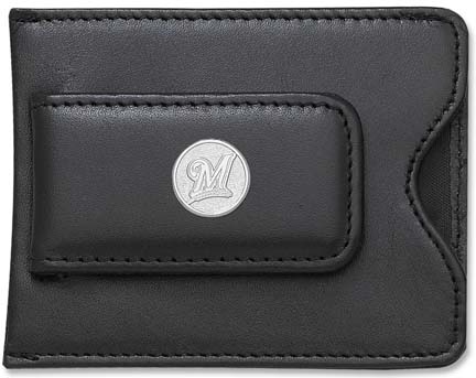 Milwaukee Brewers Sterling Silver Round "M" on Black Leather Money Clip / Credit Card Holder