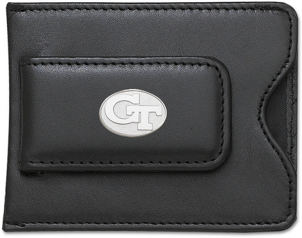 Georgia Tech Yellow Jackets Sterling Silver Oval "GT" on Black Leather Money Clip / Credit Card Holder