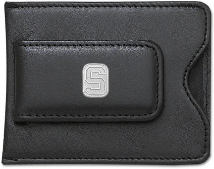 Michigan State Spartans Sterling Silver Oval Block "S" on Black Leather Money Clip / Credit Card Holder
