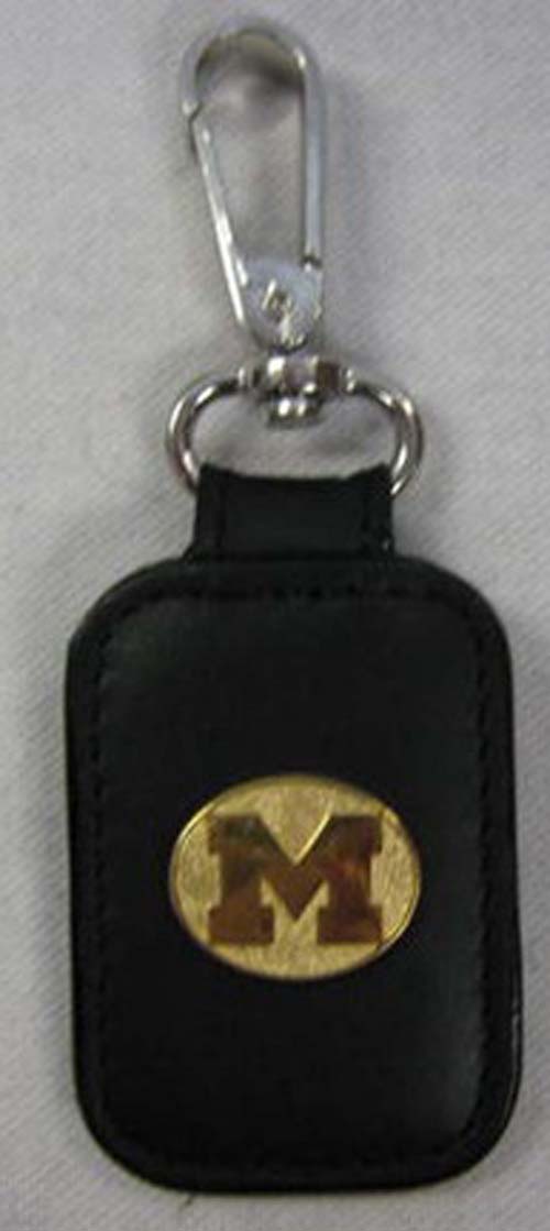 Michigan Wolverines 1/2" Gold Plated Polished Oval "M" on Black Leather Rectangular Key Chain