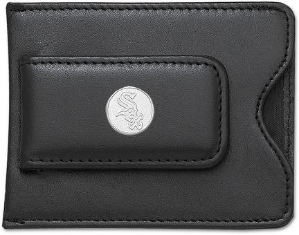 Chicago White Sox 5/8" Sterling Silver Round "Sox" on Black Leather Money Clip / Credit Card Holder