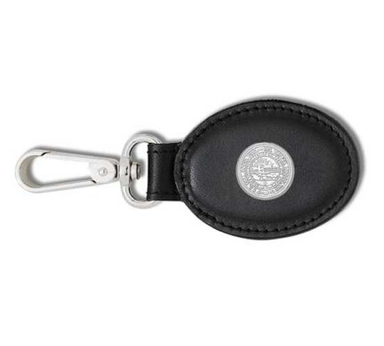 West Virginia Mountaineers Sterling Silver Seal on Black Leather Oval Key Chain