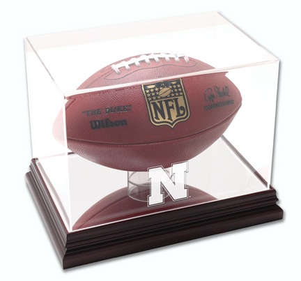 Football Display Case with Mahogany Finished Base and Nebraska Cornhuskers Logo