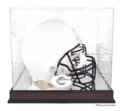 Full Size Football Helmet Display Case with Mahogany Finished Base and Georgia Bulldogs Logo