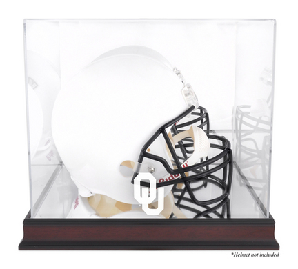 Full Size Football Helmet Display Case with Mahogany Finished Base and Oklahoma Sooners Logo
