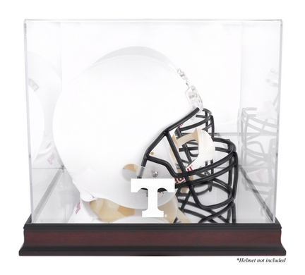 Full Size Football Helmet Display Case with Mahogany Finished Base and Tennessee Volunteers Logo