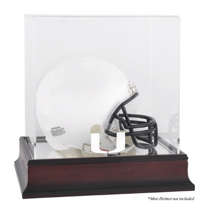 Mini Football Helmet Display Case with Mahogany Finished Base and Miami Hurricanes Logo