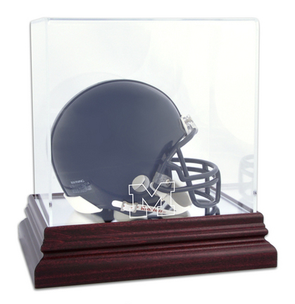Mini Football Helmet Display Case with Mahogany Finished Base and Michigan Wolverines Logo