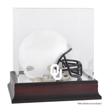 Mini Football Helmet Display Case with Mahogany Finished Base and Oklahoma Sooners Logo