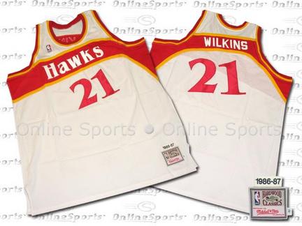 1986 - 1987 Atlanta Hawks Home Throwback Basketball Jersey From Mitchell and Ness, With #21 and 'Wilkins' On The Jersey 