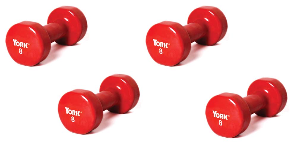 8 lb. Colored Vinyl Coated Dumbbells From York - 2 Pair (4 Dumbbells Total)