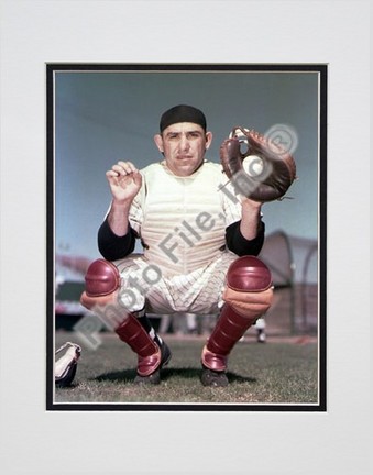 Yogi Berra, New York Yankees (Catching) Double Matted 8" X 10" Photograph (Unframed)