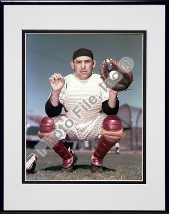 Yogi Berra, New York Yankees (Catching) Double Matted 8" X 10" Photograph in Black Anodized Aluminum Frame