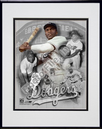 Jackie Robinson, Brooklyn Dodgers (Collage) Double Matted 8" X 10" Photograph in Black Anodized Aluminum Frame