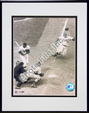 Jackie Robinson, Brooklyn Dodgers (Sliding) Double Matted 8" X 10" Photograph in Black Anodized Aluminum Frame