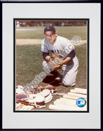 Yogi Berra, New York Yankees "with Equipment" Double Matted 8" X 10" Photograph in Black Anodized Al