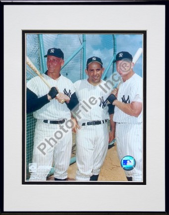 Roger Maris, Yogi Berra, and Mickey Mantle, New York Yankees Double Matted 8" X 10" Photograph in Black Anodiz