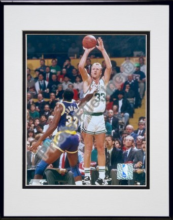 Larry Bird and Magic Johnson, (Shooting) Double Matted 8" X 10" Photograph in Black Anodized Aluminum Frame