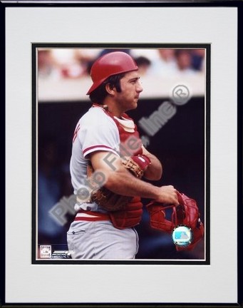 Johnny Bench "Holding Catchers Mask" Double Matted 8" X 10" Photograph in Black Anodized Aluminum Fr