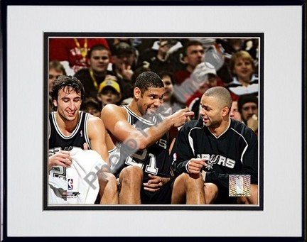 Manu Ginobili, Tim Duncan and Tony Parker 2005 Double Matted 8" X 10" Photograph in Black Anodized Aluminum Fr