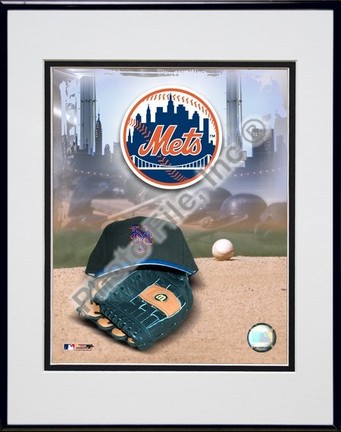 New York Mets "2005 Logo / Cap and Glove" Double Matted 8" X 10" Photograph in Black Anodized Alumin