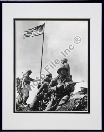 American Soldiers Raise the First US Flag at  Iwo Jima 1945 Double Matted 8" x 10" Photograph in Black Anodize