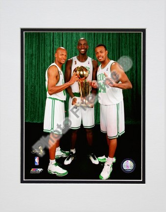 Kevin Garnett, Ray Allen, & Paul Pierce with the 2007-2008 NBA Champion trophy, Game 6 of the NBA Finals Double Matt