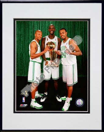 Kevin Garnett, Ray Allen, & Paul Pierce with the 2007-2008 NBA Champion trophy, Game Six of the NBA Finals; Posed #3