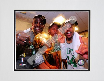 Kevin Garnett, Ray Allen, & Paul Pierce with the 2007-2008 NBA Champion trophy, Game Six of the NBA Finals Double Ma