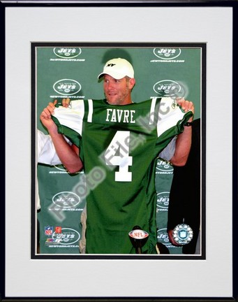 Brett Favre "2008 Press Conference, New York Jets Jersey" Double Matted 8” x 10” Photograph in Black Anodi