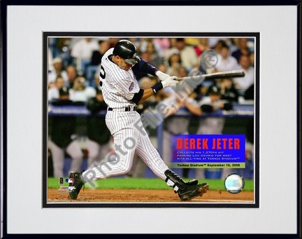 Derek Jeter connects hits his 1,270th hit at Yankee Stadium Double Matted 8” x 10” Photograph in Black Anodized Alum