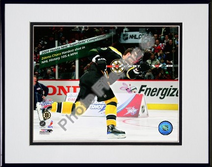 Zdeno Chara 2008-2009 NHL All-Star Game Hardest Shot in NHL History Double Matted 8” x 10” Photograph in Black Anodi