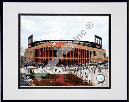 Citi Field 2009 2009 Exterior View Double Matted 8” x 10” Photograph in Black Anodized Aluminum Frame