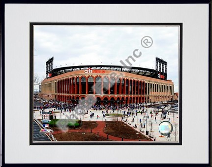 Citi Field 2009 2009 Exterior View Double Matted 8â€ x 10â€ Photograph in Black Anodized Aluminum Frame